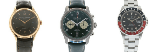 three watches are pictured next to each other - a Baume & Mercier Clifton on a leather strap, a Bremont ALT1-C in green, and a Rolex GMT Master-II with the red and black bezel