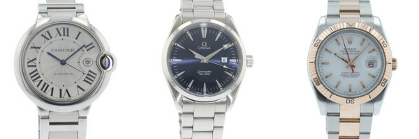 three watches are pictured next to each other - a Cartier Ballon Bleu with blue hands, an OMEGA Aqua Terra with a Blue dial, and a Rolex Datejust in yellow and white gold 