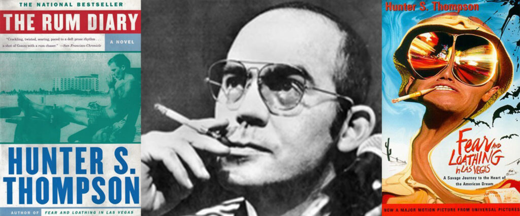 an image of Hunter S. Thompson and 2 of his book covers 