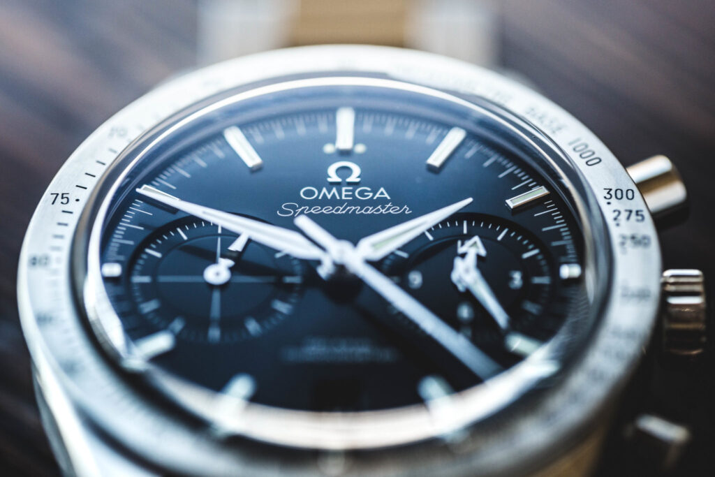 A close-up of an OMEGA Speedmaster 