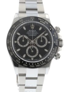 An image of a black dial Rolex Daytona 