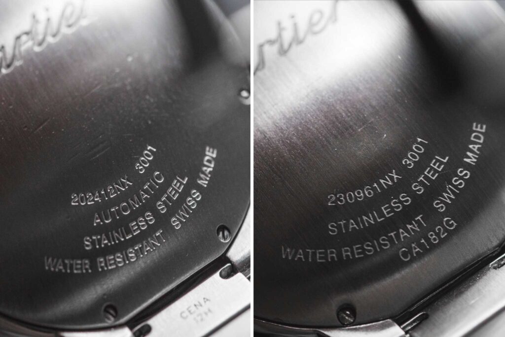 A close-up image of a real and fake cartier caseback