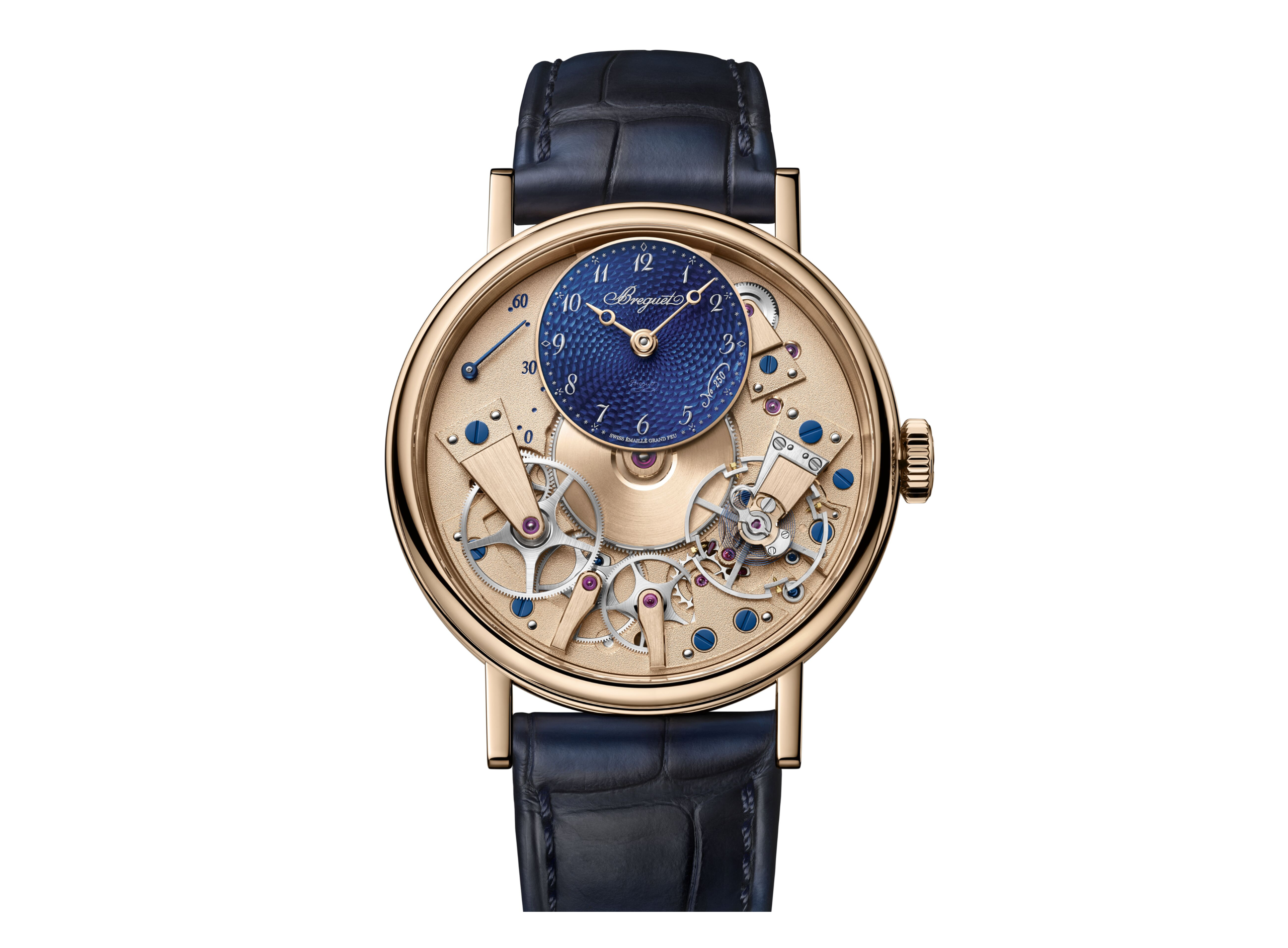 Luxury skeleton watch showcasing intricate mechanics and a blue dial. Perfect for watch enthusiasts.