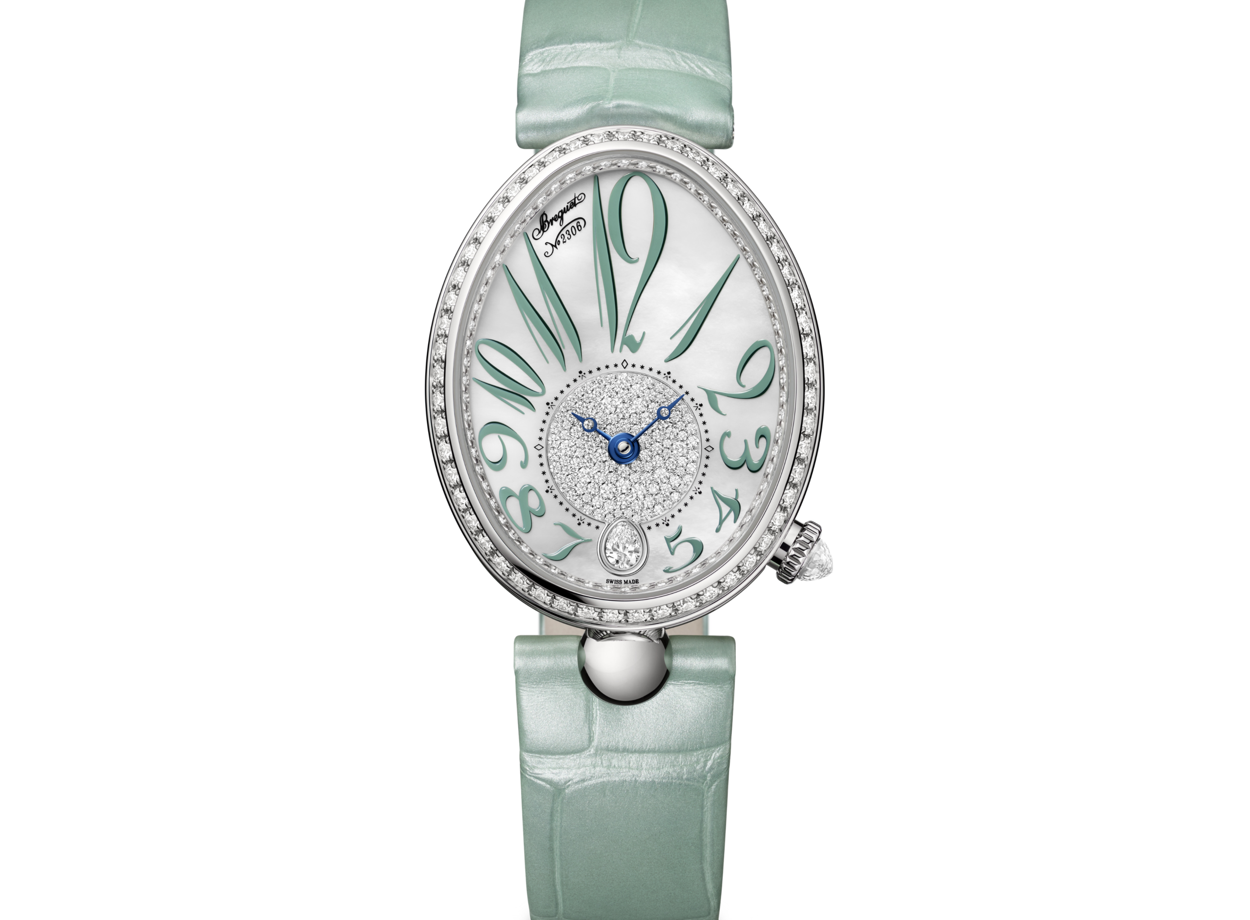 Luxury diamond watch featuring a mint green leather strap and sparkling gemstone accents.